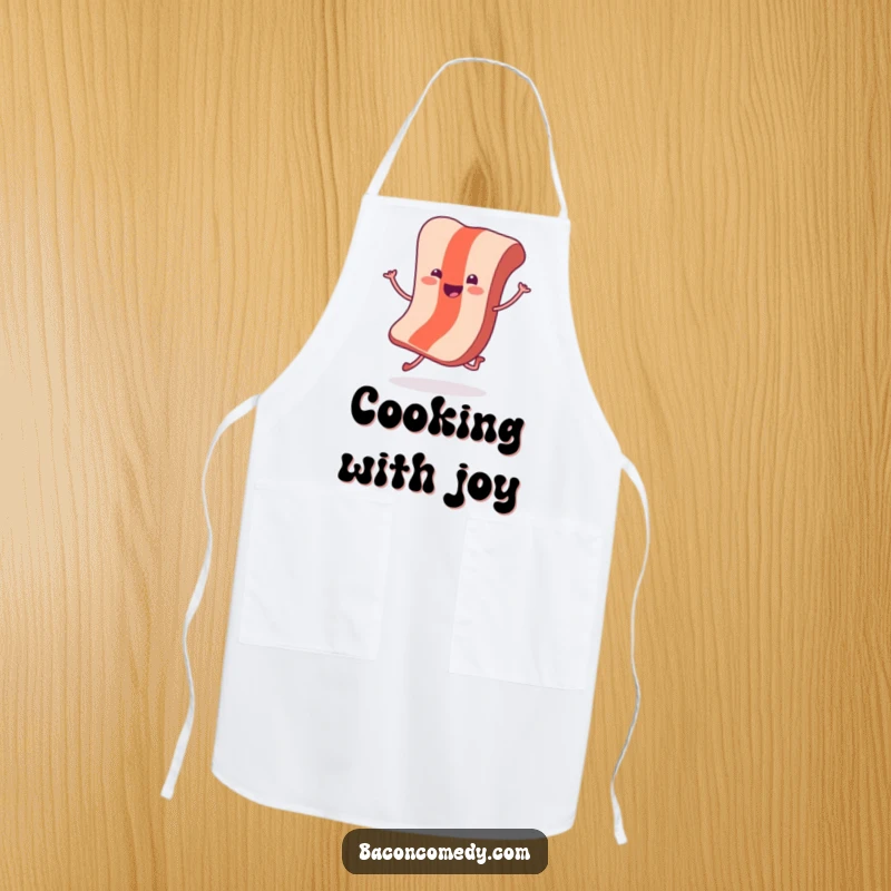 Funny Hopping Bacon Apron: A cheerful bacon slice with tiny legs does a joyful hop, ideal for a happy cook.