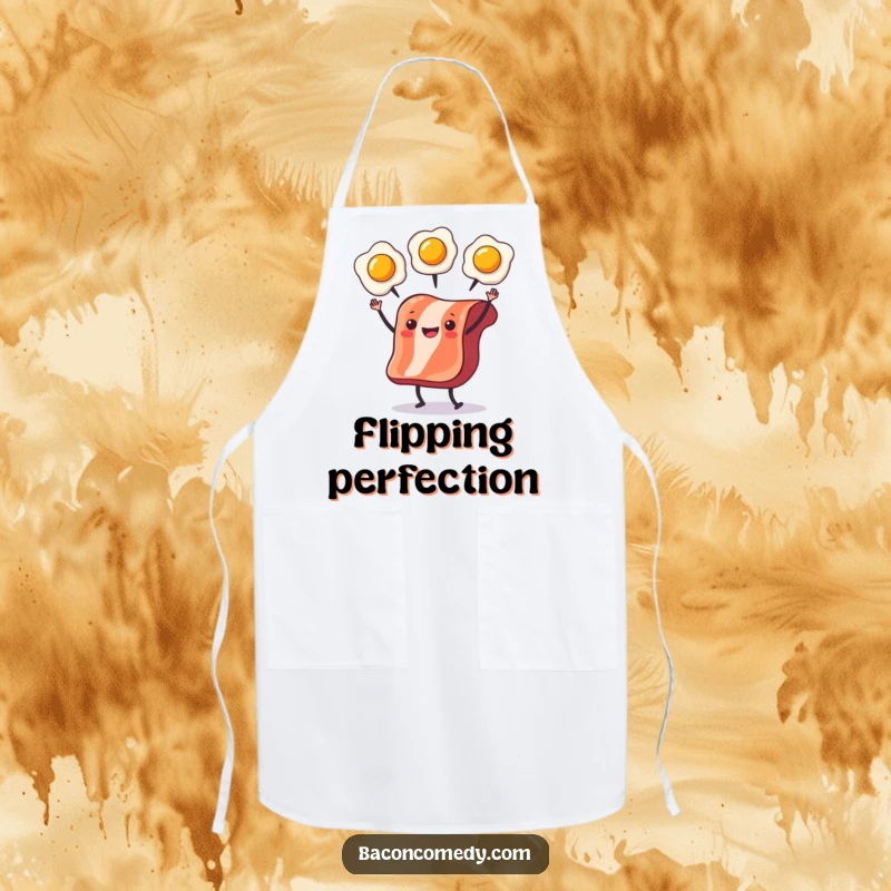 Funny Bacon Juggling Apron depicting bacon juggling eggs, perfect for adding humor to cooking activities.