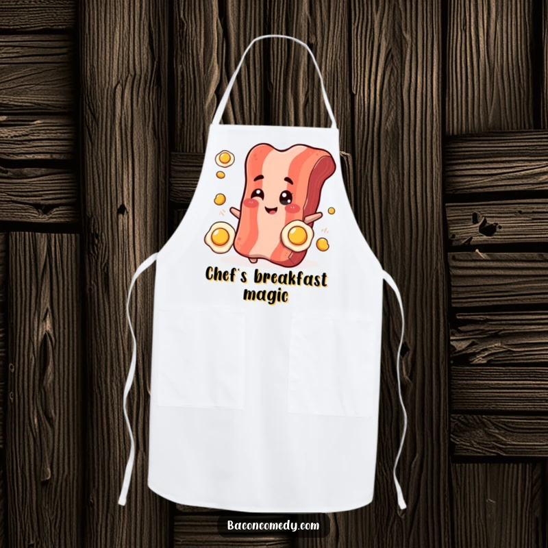 Funny Bacon Juggling Apron: A smiling bacon strip winks while juggling tiny fried eggs, ideal for a playful cook.