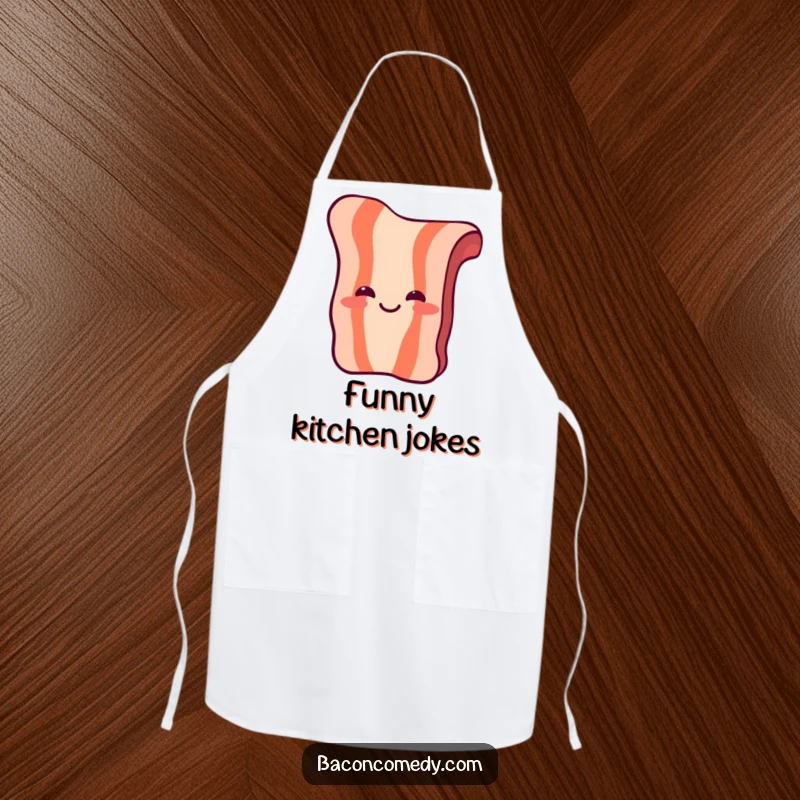 Funny Laughing Bacon Apron: A piece of bacon with simple eyes and a mouth laughs heartily, ideal for a funny cook.