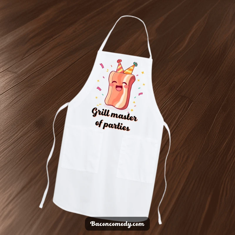 Funny apron featuring a happy bacon in a party hat, laughing exuberantly while confetti falls, perfect for festive cooking.