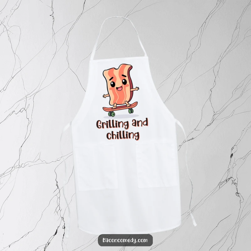 Funny apron displaying a happy bacon slice in mid-skate on a tiny skateboard, radiating determination and cool culinary vibes.