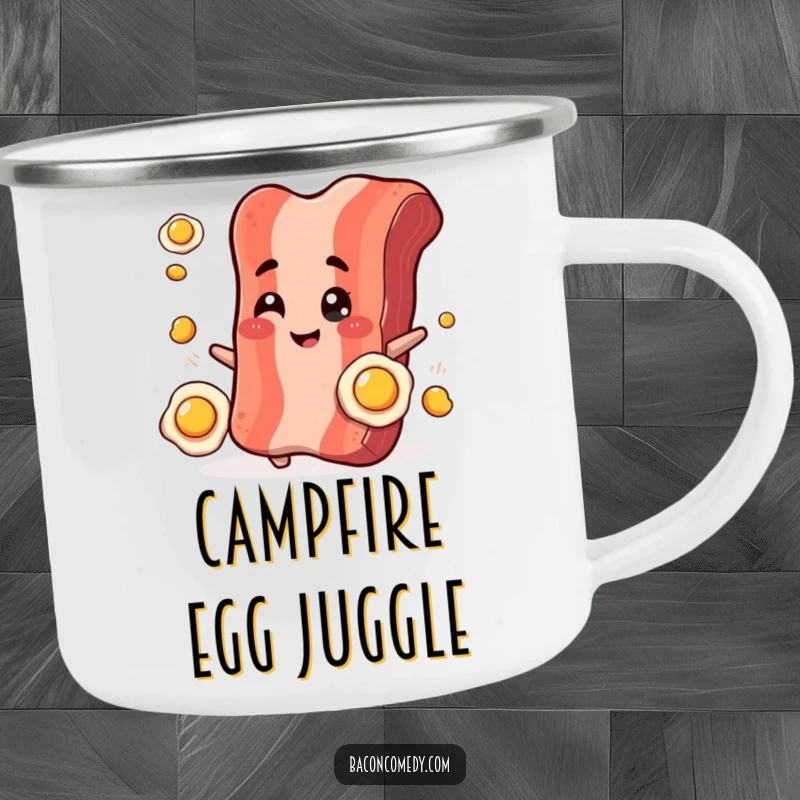 Funny Bacon Juggling Camping Mug: A smiling bacon strip winks while juggling tiny fried eggs, for outdoor breakfast lovers.