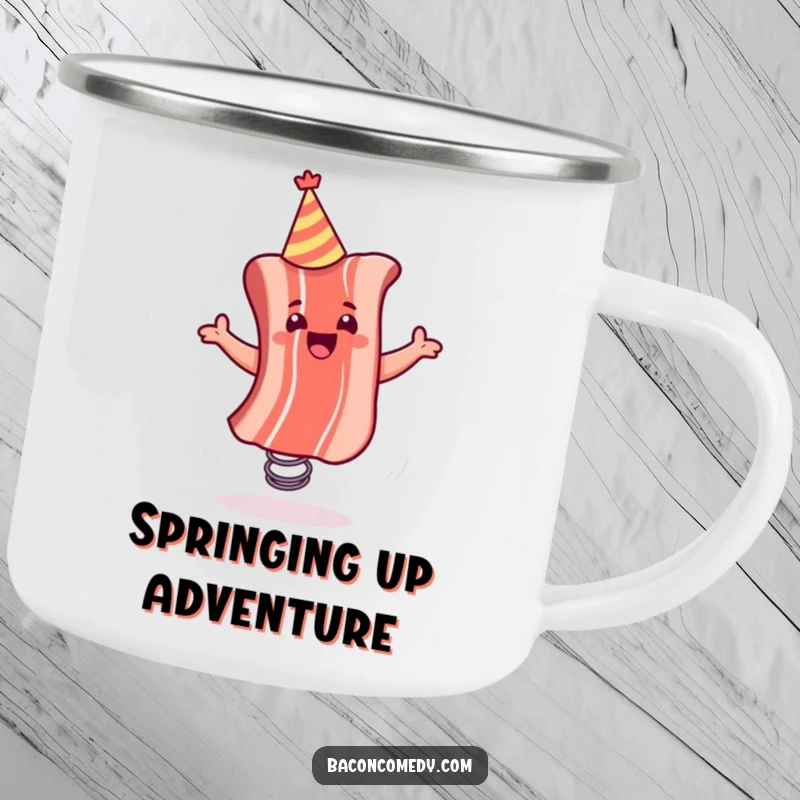 Funny camping mug with a jubilant bacon strip, party hat on, bouncing on a spring, ready for outdoor fun and laughter.