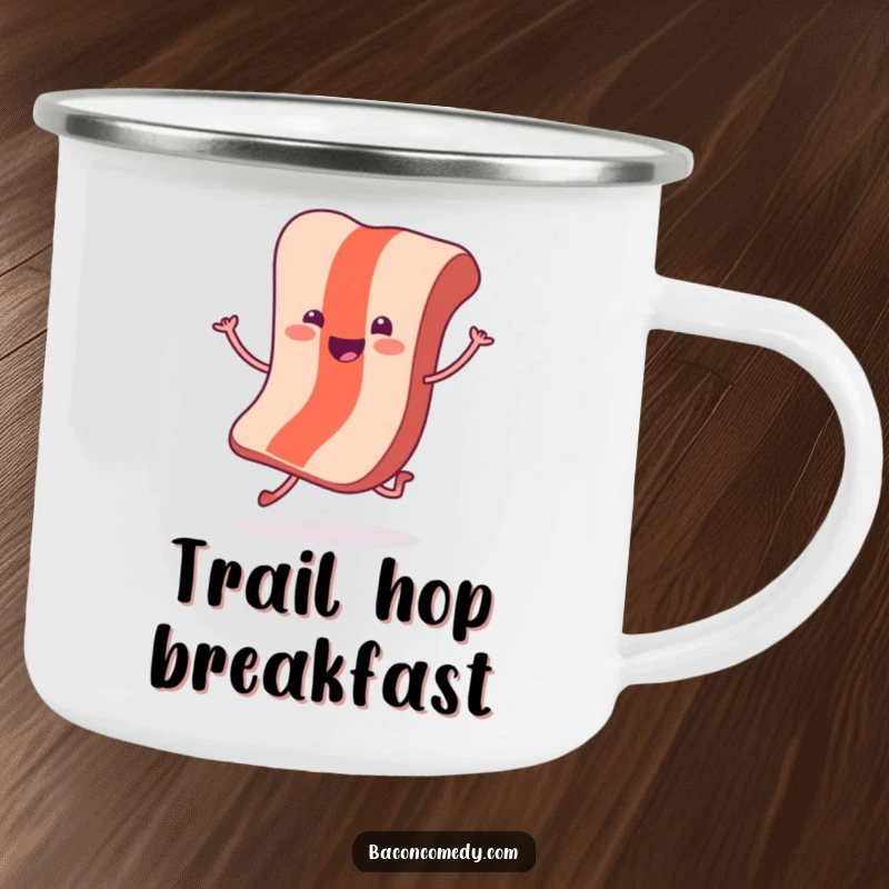 Funny Hopping Bacon Camping Mug: A cheerful bacon slice with tiny legs does a joyful hop, for happy campers.