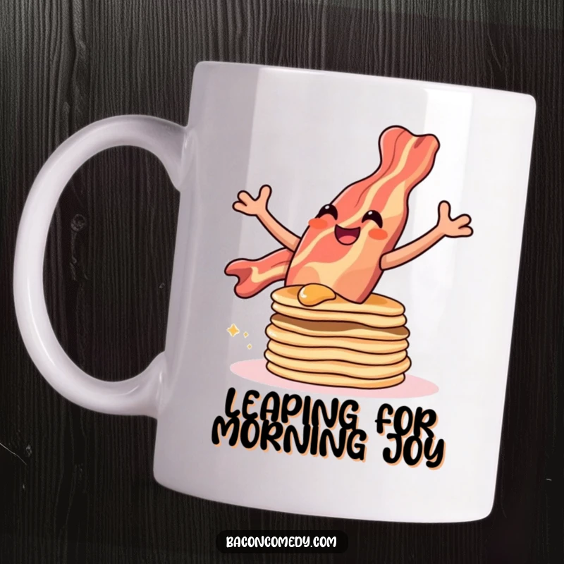 Funny mug showing a joyful bacon strip leaping high over a stack of pancakes, embodying breakfast excitement.