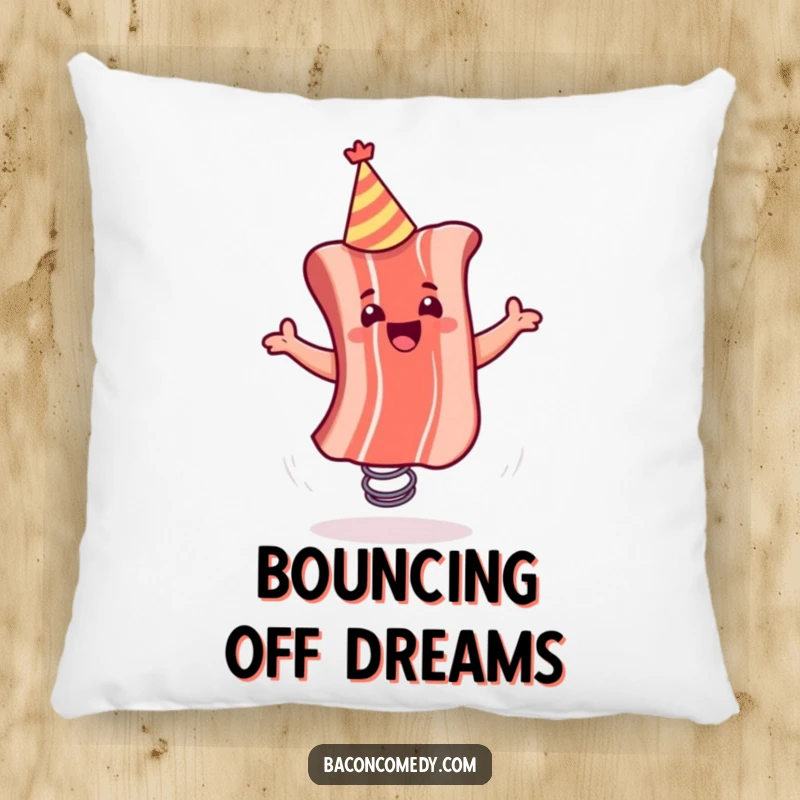 Funny pillow featuring a jubilant bacon strip with a party hat, bouncing on a spring, offering comfort and amusement for your space.