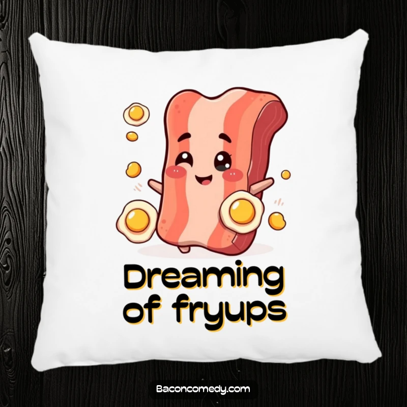 Funny Bacon Juggling Pillow: A smiling bacon strip winks while juggling tiny fried eggs, bringing playful comfort.