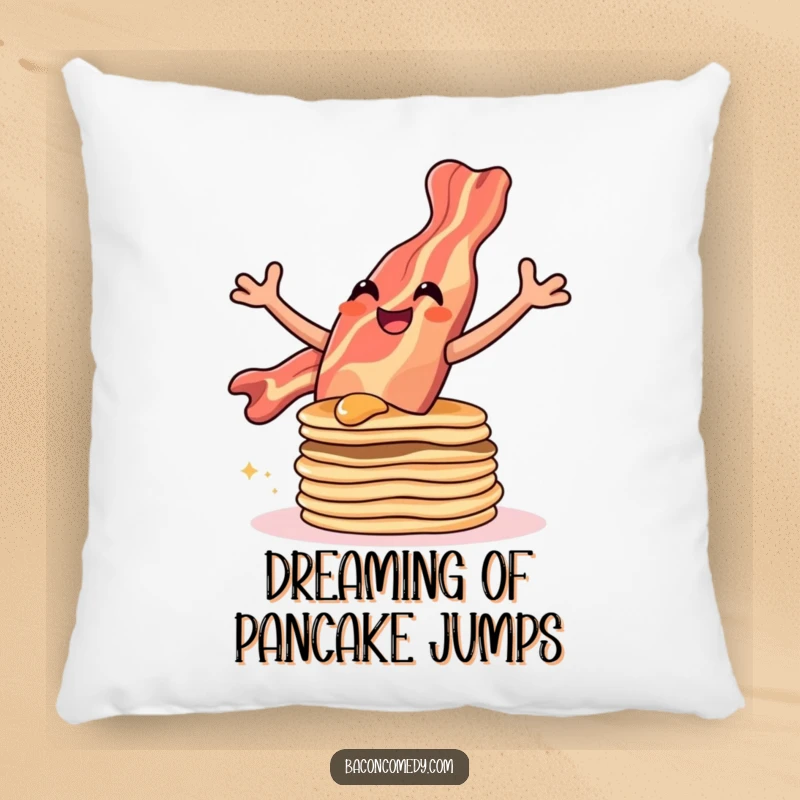 Funny pillow with a smiling bacon strip leaping over pancakes, providing comfort and a touch of breakfast humor.