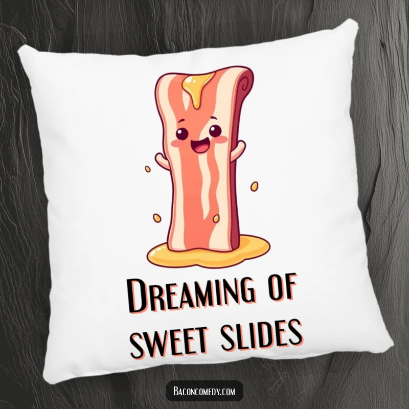 Funny pillow with a happy bacon strip sliding down a syrup waterfall, offering comfort and a touch of breakfast fun.