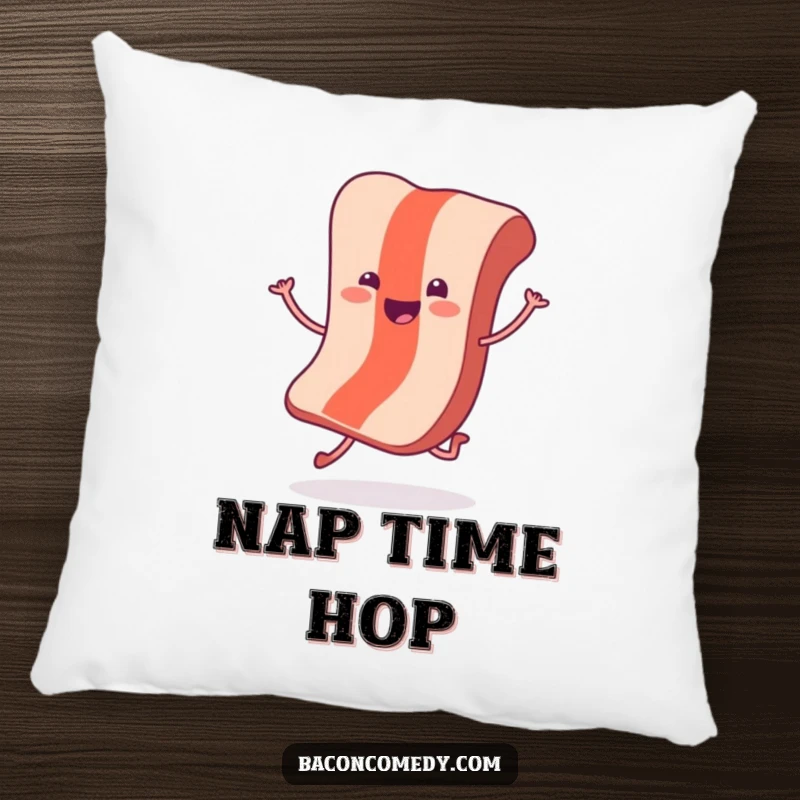 Funny Hopping Bacon Pillow: A cheerful bacon slice with tiny legs does a joyful little hop, bringing playful comfort.