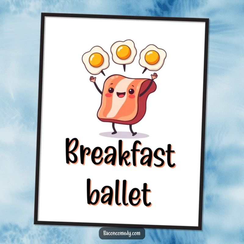 Funny Bacon Juggling Digital Art Print of bacon juggling eggs, offering instant humorous and food-themed wall decor.