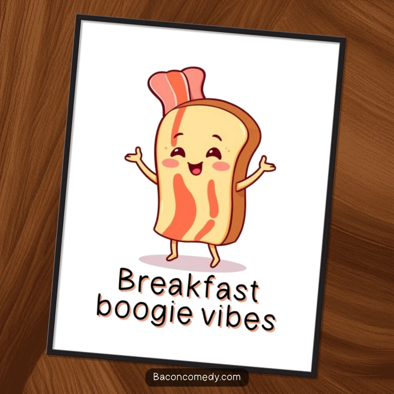 Funny digital art print of a bacon strip and toast dancing with glee, a vibrant and humorous piece.