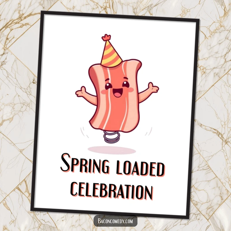 Funny digital art print of a party-hatted bacon strip joyfully bouncing on a spring, a whimsical and amusing piece.