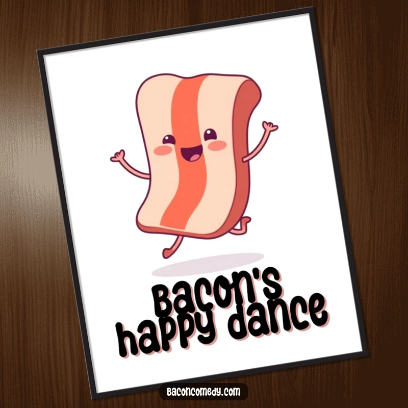 Funny Hopping Bacon Digital Art: A cheerful bacon slice with tiny legs performs a joyful hop, radiating happiness.
