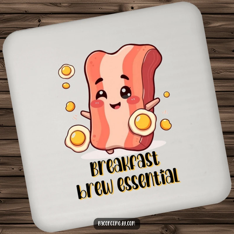 Funny Bacon Juggling Coasters: A smiling bacon strip winks while juggling tiny fried eggs, protecting surfaces with charm.