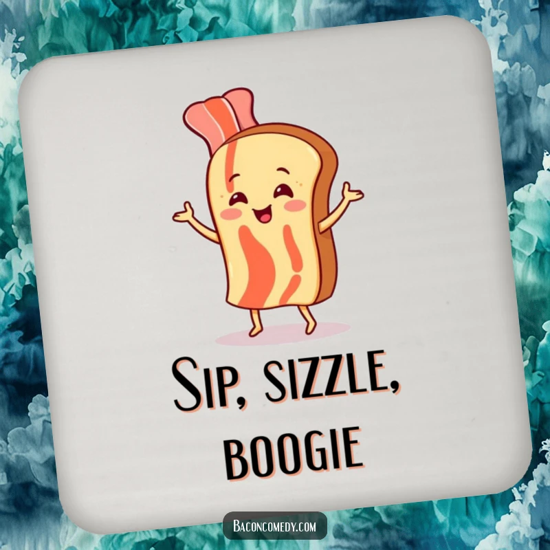 Funny drink coaster with a bacon strip and toast dancing, a whimsical and practical addition to any table.