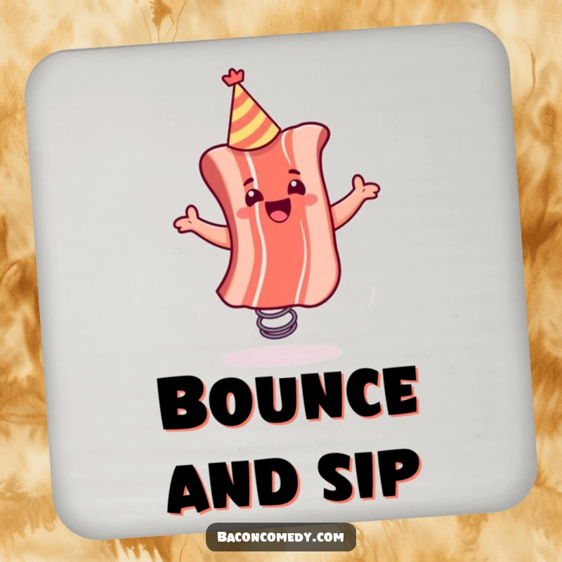 Funny drink coaster featuring a cheerful bacon strip in a party hat, bouncing on a spring, a humorous addition to any table.
