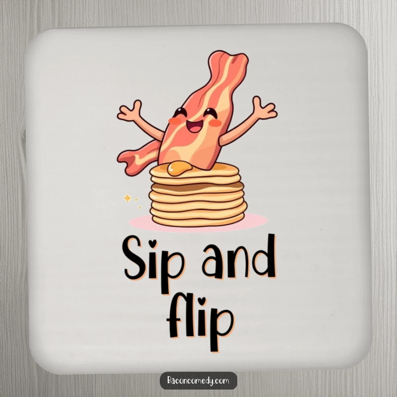 Funny drink coaster with a bacon strip leaping over pancakes, adding a touch of playful energy.