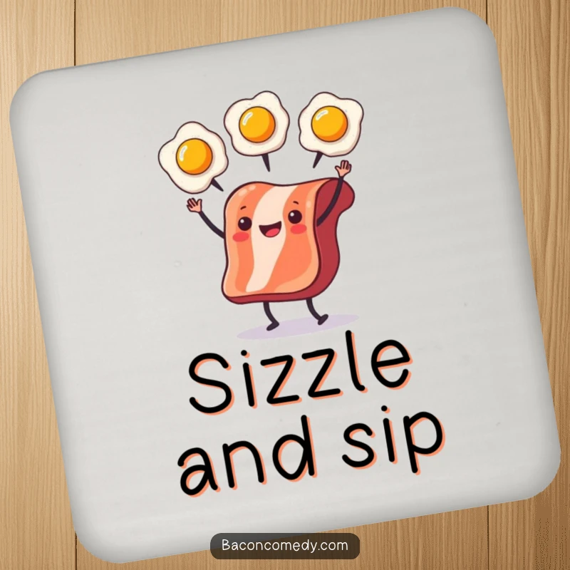 Funny Bacon Juggling Drink Coaster featuring bacon juggling eggs, perfect for adding humor and surface protection.