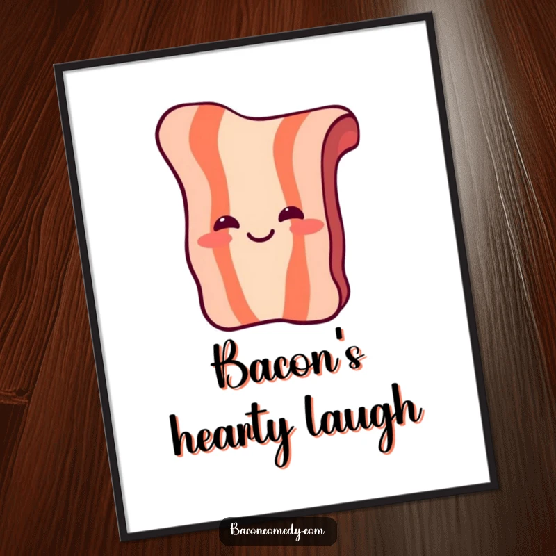 Funny Laughing Bacon Poster: A piece of bacon with simple eyes and a mouth laughs heartily, radiating breakfast cheer.