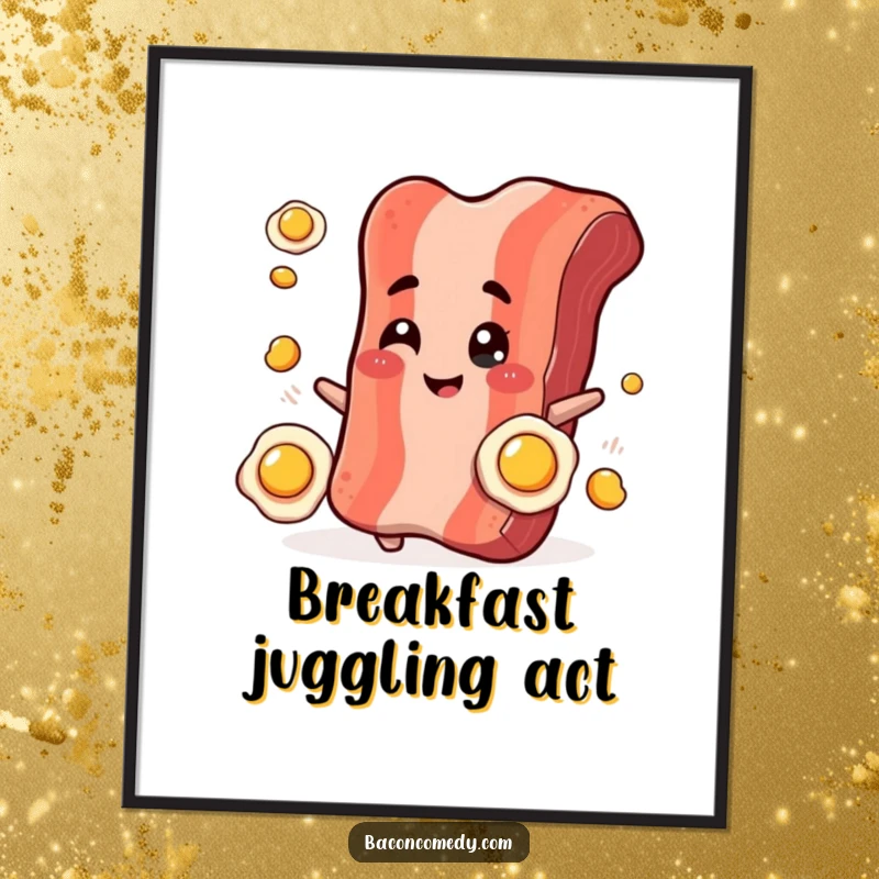 Funny Bacon Juggling Poster: A smiling, plump bacon strip winks while juggling tiny fried eggs, celebrating breakfast entertainment.
