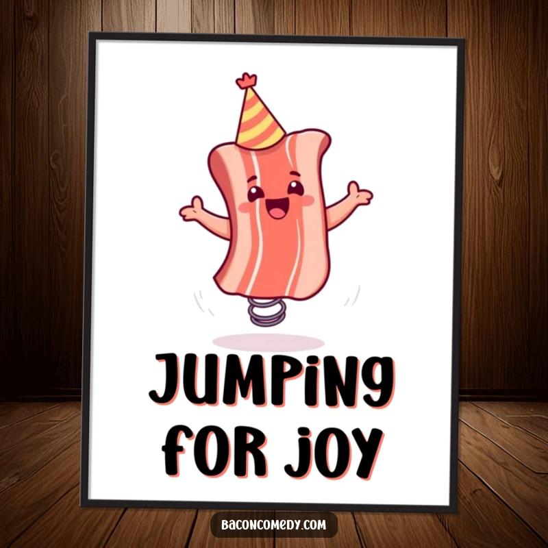 Funny poster showcasing a bacon strip in a party hat, bouncing high on a spring, capturing a moment of pure, hilarious celebration.