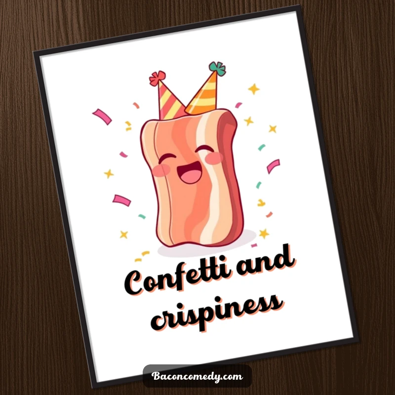 Funny poster of a jubilant bacon wearing a party hat, laughing loudly with confetti raining down – a true party starter.