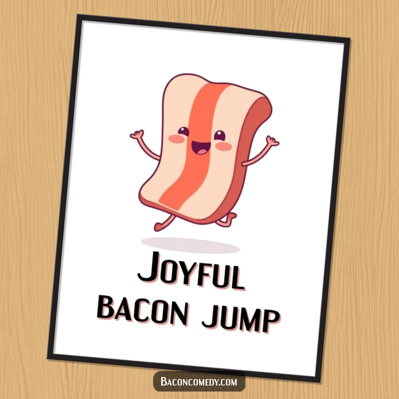 Funny Hopping Bacon Poster: A cheerful bacon slice with tiny legs performs a joyful little hop, radiating happiness.