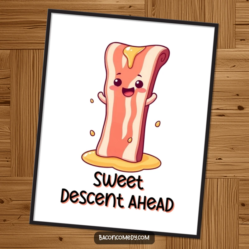 Funny poster of a cheerful bacon strip sliding down a syrup waterfall, creating a whimsical and delicious scene.