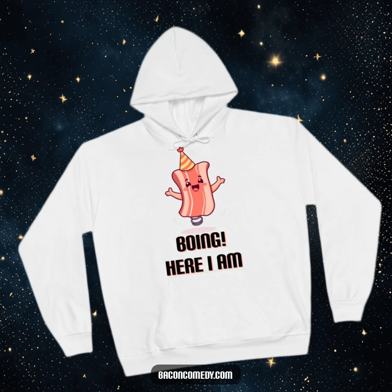 Funny hoodie with a cheerful bacon strip in a party hat, enthusiastically bouncing on a spring, a cozy and amusing wearable.