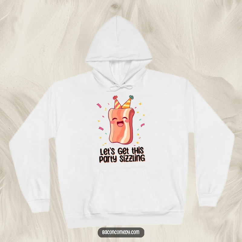 Funny hoodie showing a happy bacon wearing a party hat, laughing heartily with confetti falling all around.