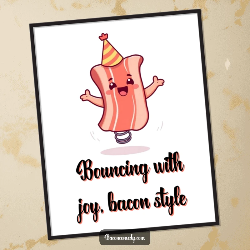 Funny Free Printable Wall Art: A happy bacon strip wearing a party hat bounces on a spring.
