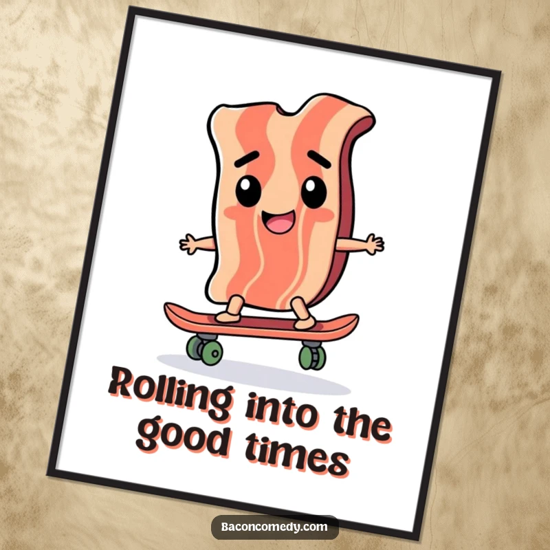 Funny Free Printable Wall Art: A happy bacon slice rides a skateboard with a serious, determined expression.