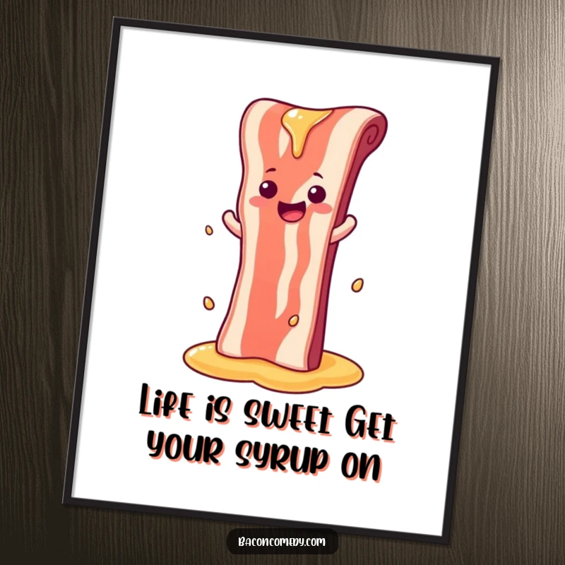Funny Free Printable Wall Art: A cheerful bacon strip slides down a waterfall made of sweet syrup.