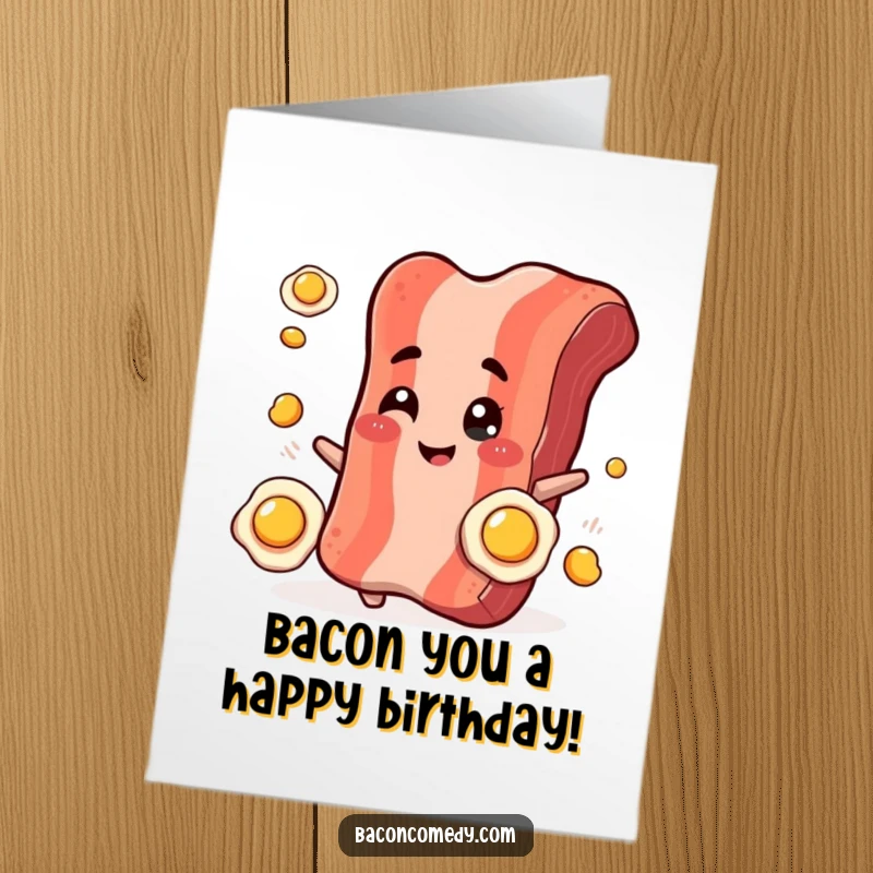 Funny Free Printable Birthday Card: A smiling, plump bacon strip with cute eyes winks while expertly juggling tiny fried eggs.