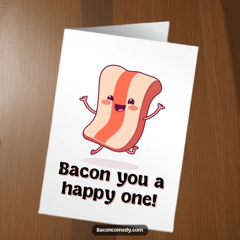 Funny Free Printable Birthday Card: A cheerful bacon slice with tiny legs joyfully hops, bringing infectious energy and smiles.