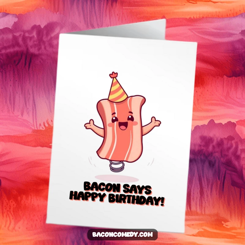 Funny Free Printable Birthday Card: Excited bacon strip with party hat boinging on a spring.