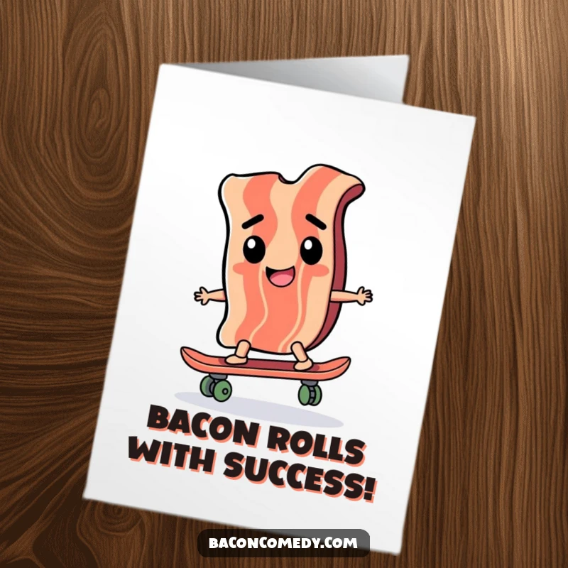 Funny Free Printable Congratulations Card: A happy bacon slice skates determinedly on a tiny skateboard.