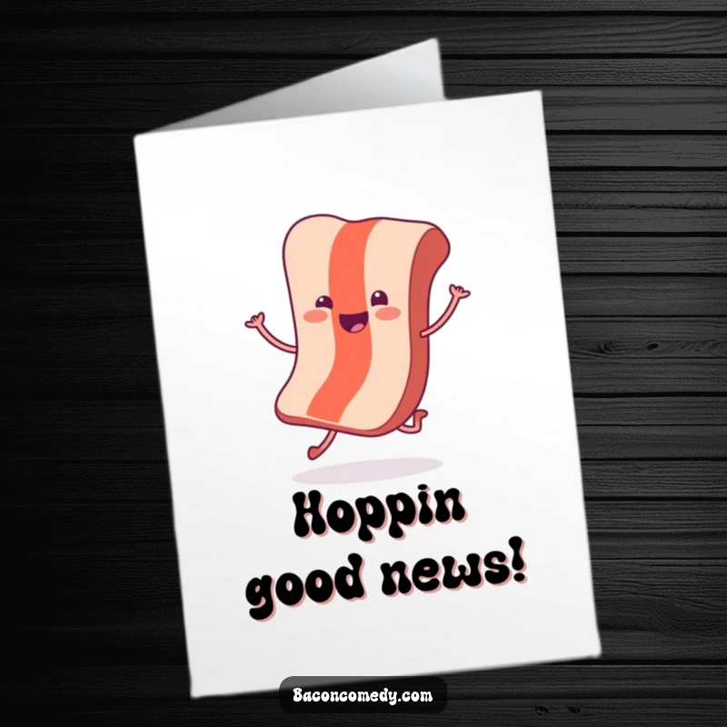 Funny Free Printable Congratulations Card: A cheerful bacon slice with tiny legs hops with pure delight, celebrating a well-deserved success.