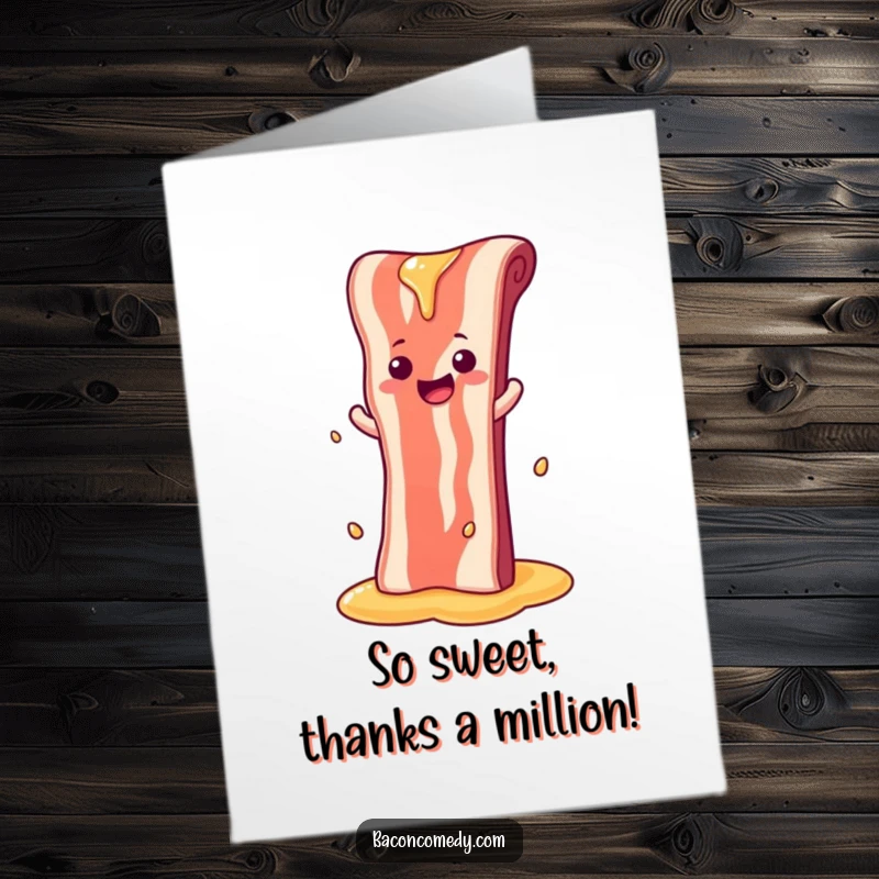 Funny Free Printable Thank You Card: A cheerful bacon strip slides down a syrup waterfall, conveying thanks.