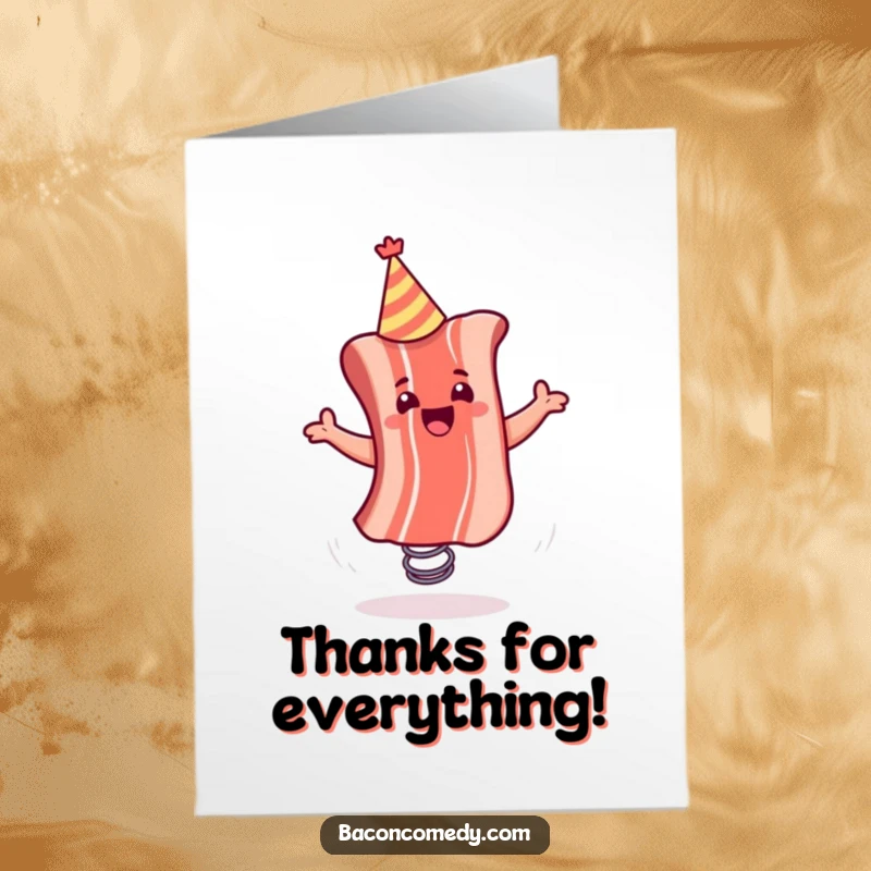 Funny Free Printable Thank You Card: Energetic bacon strip in a party hat bouncing with gratitude.