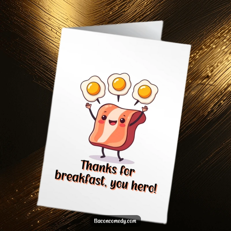 Funny Free Printable Thank You Card: A happy slice of bacon with tiny legs juggles eggs, sending a delightful and tasty thank you your way.