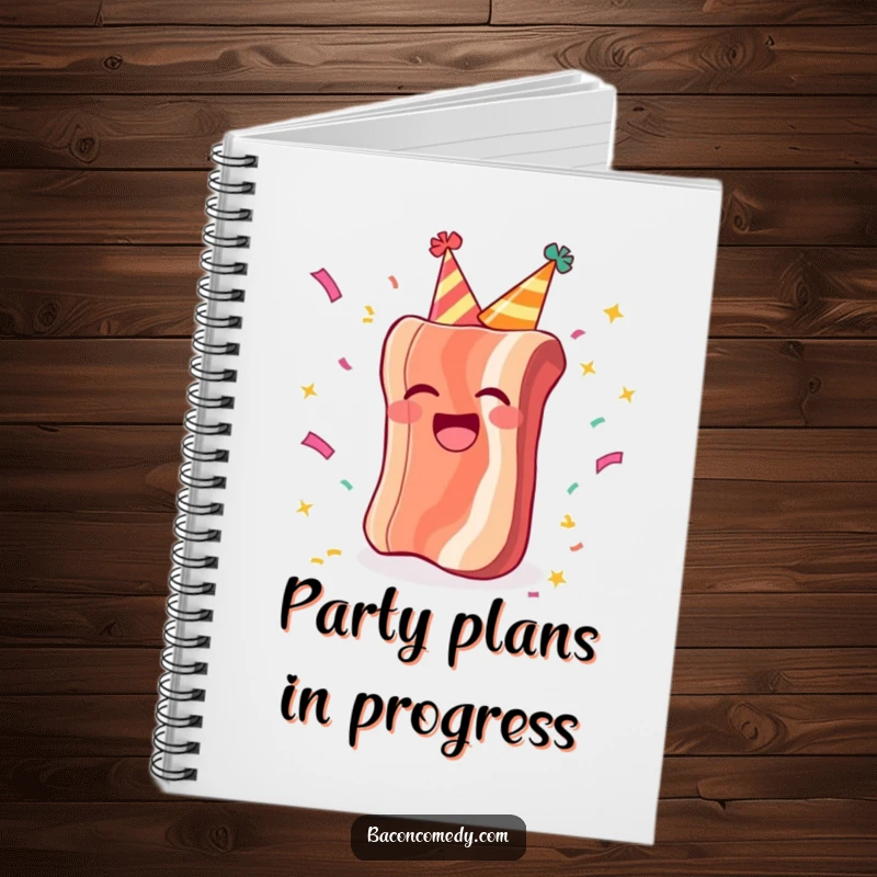 Funny notebook with a laughing bacon in a party hat and confetti, designed for jotting down ideas with a festive spirit.