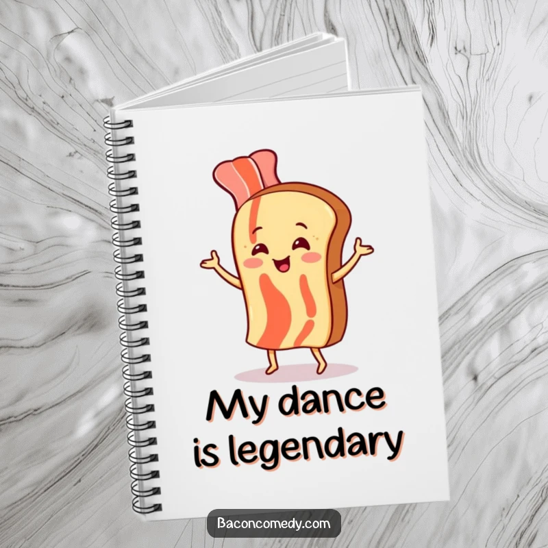 Funny notebook with a bacon strip and toast dancing merrily, designed for capturing thoughts with a humorous touch.