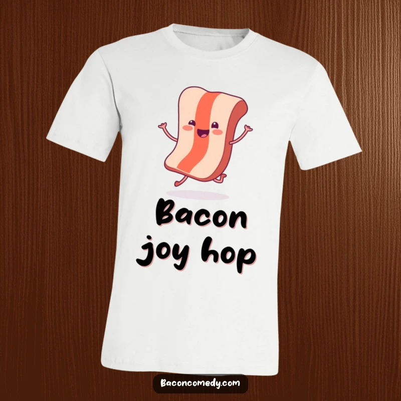 Funny Hopping Bacon T-Shirt: A cheerful bacon slice with tiny legs performs a joyful little hop, bringing breakfast cheer.