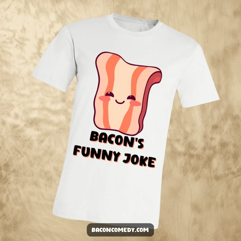 Funny Laughing Bacon T-Shirt: A piece of bacon with simple eyes and a mouth laughs heartily, bringing breakfast joy.