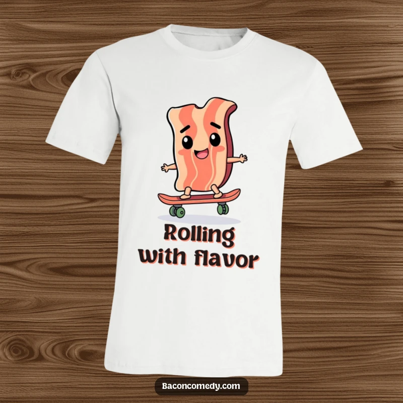 Funny t-shirt depicting a round, happy bacon slice expertly riding a tiny skateboard with focus and determination, a cool character.