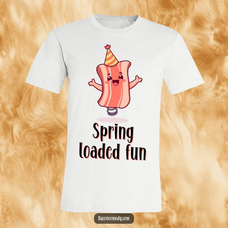 Funny t-shirt showcasing a bacon strip wearing a party hat, energetically bouncing on a small spring, spreading cheer and amusement.