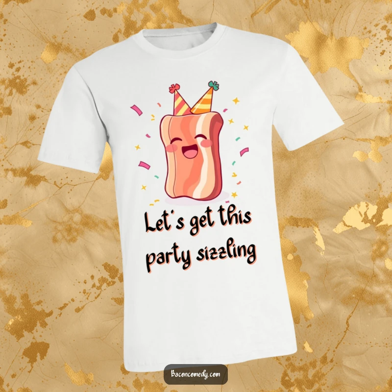 Funny t-shirt of a bacon piece in a party hat, laughing with confetti, embodying pure, uninhibited celebration.